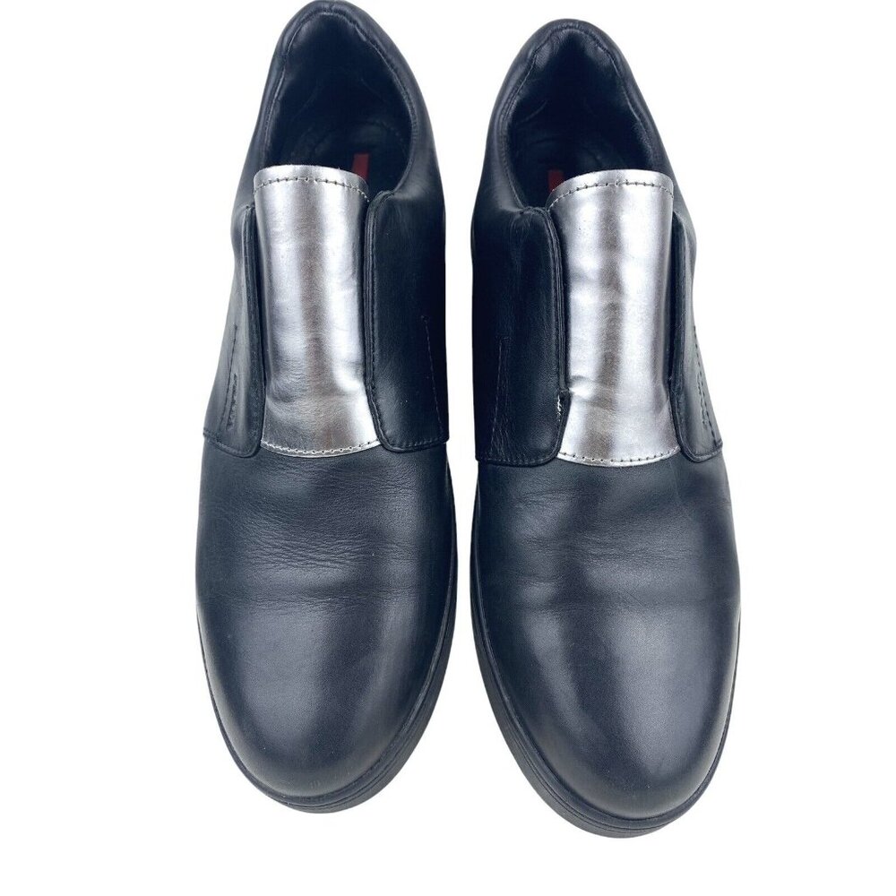 Prada Black Calfskin Leather Silver Chrome Slip On Sneakers 3S6047 US 8 EU 41 - Picture 13 of 16